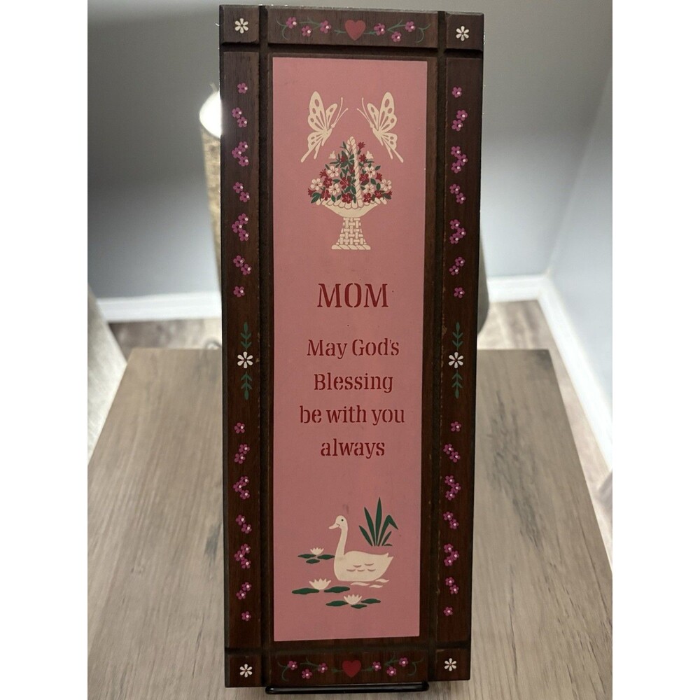Vintage Wooden Plaque Mom God's Blessing Sign Cottagecore Pink Swan Floral